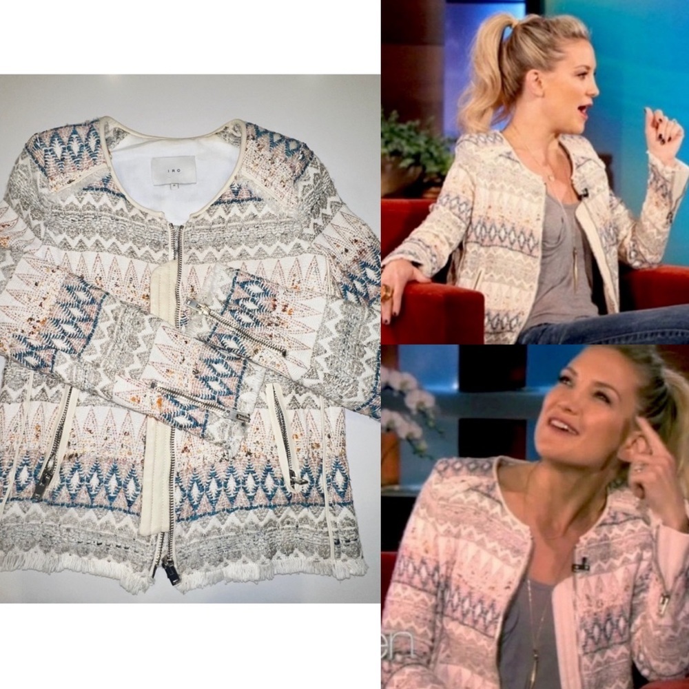 IRO 'Blaze' Tribal Tweed Fringe Diamond Zig Zag Jacket - Picture 2 of 11